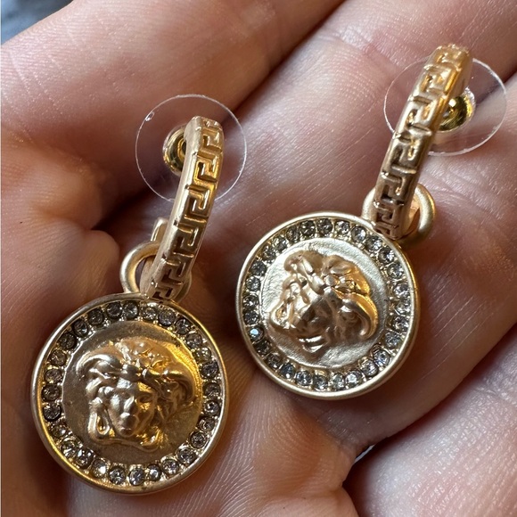 Gold Medallion Medusa Earrings with Crystal Accents - Picture 1 of 4